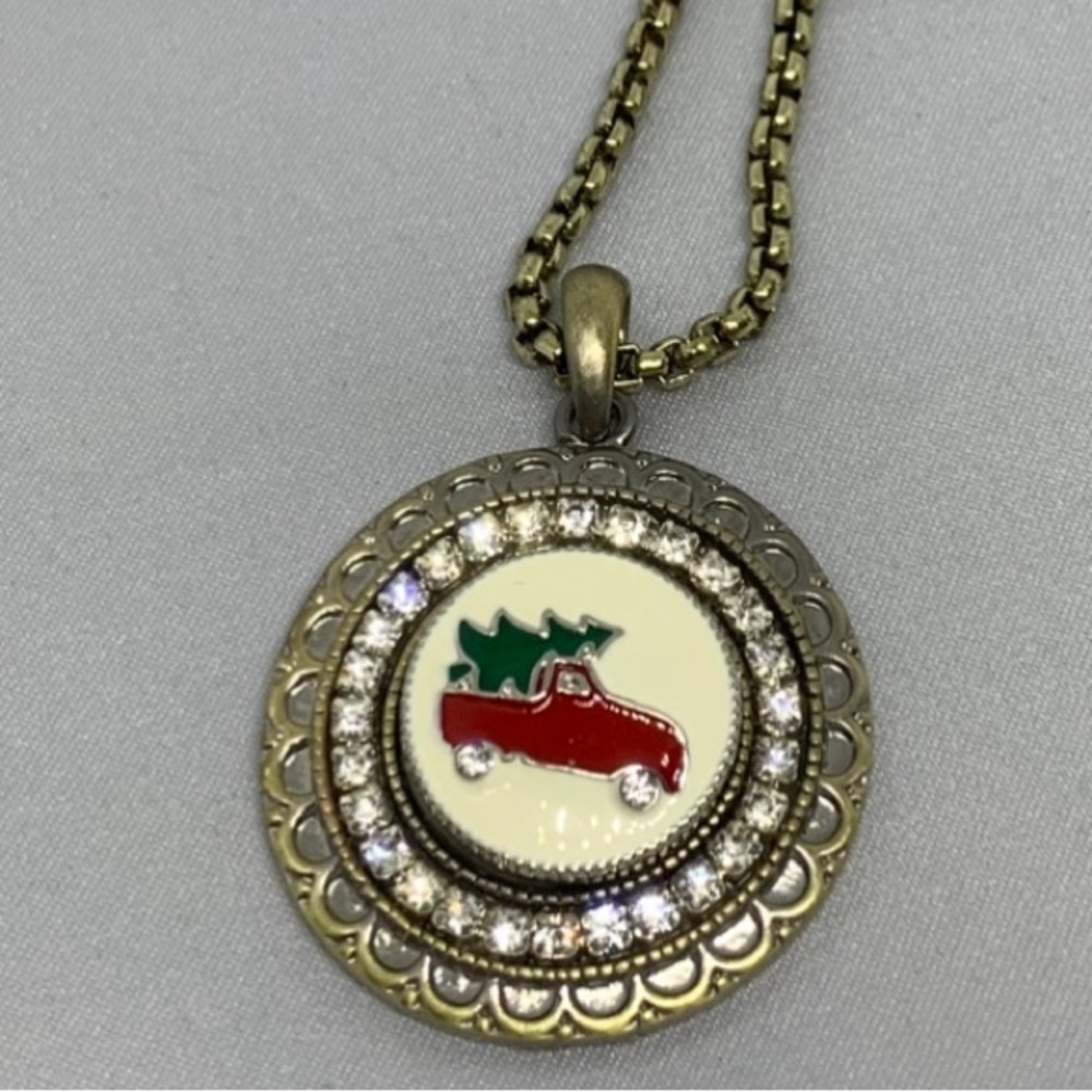 Bling & Bronze Snap Button Necklace with Christmas Tree Farm Truck Charm